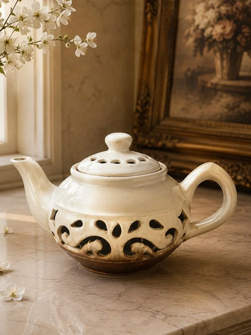 Vintage Ornate Pierced Ivory Candle Tea Light HolderTeapot